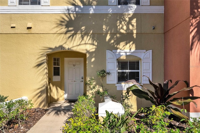 view of exterior entry featuring stucco siding