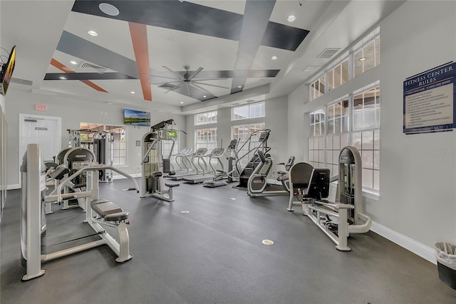 gym featuring a ceiling fan, recessed lighting, visible vents, and baseboards