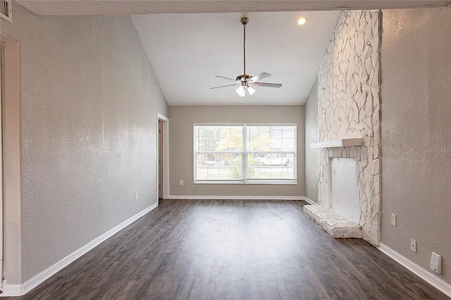 unfurnished living room with a ceiling fan, dark wood-style flooring, and baseboards