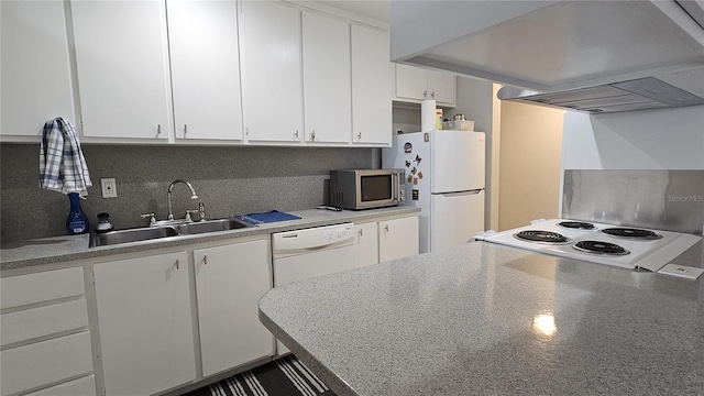 kitchen featuring white appliances, sink, island exhaust hood, white cabinetry, and decorative backsplash