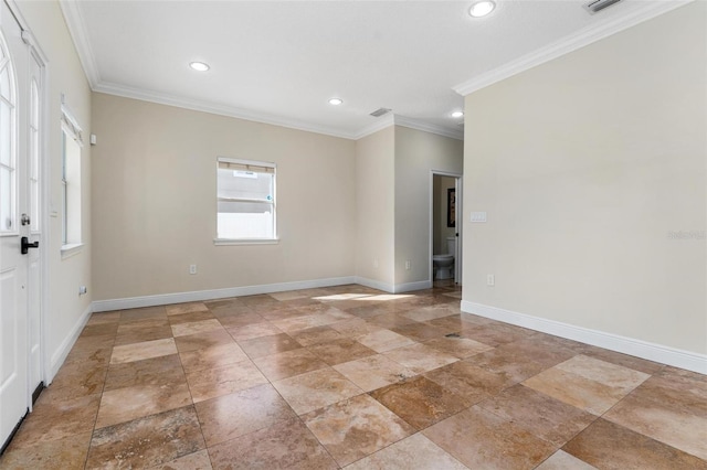 unfurnished room with baseboards, crown molding, and recessed lighting