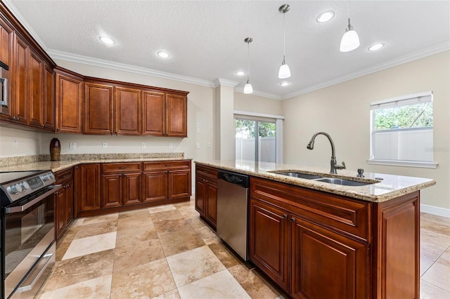 kitchen with stainless steel appliances, a sink, hanging light fixtures, light stone countertops, and a center island with sink