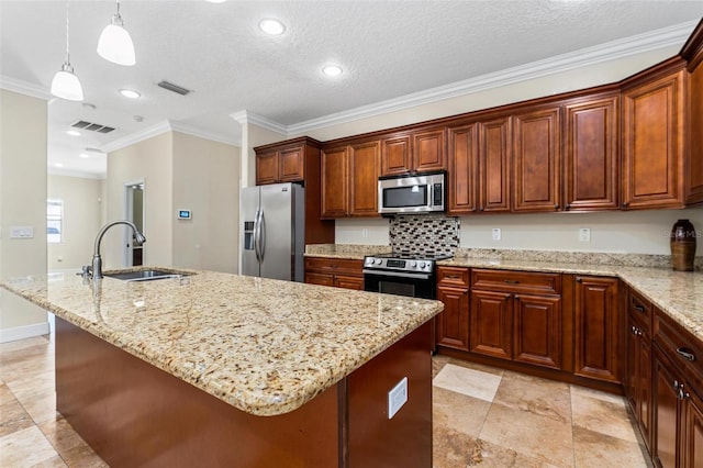 kitchen with a center island with sink, visible vents, appliances with stainless steel finishes, light stone counters, and a sink