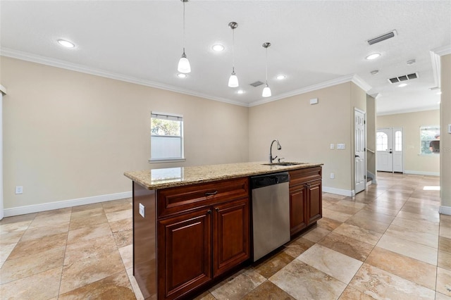 kitchen featuring a sink, visible vents, baseboards, ornamental molding, and stainless steel dishwasher