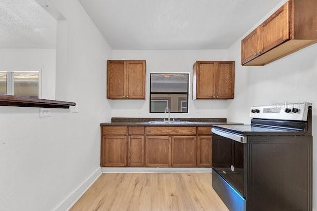 kitchen with electric range, a sink, light wood-style flooring, and brown cabinets