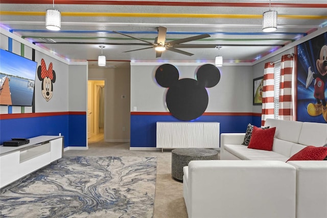 living room featuring light carpet, ceiling fan, and radiator