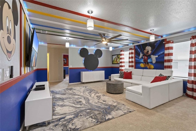 living room featuring light carpet, radiator, and a textured ceiling