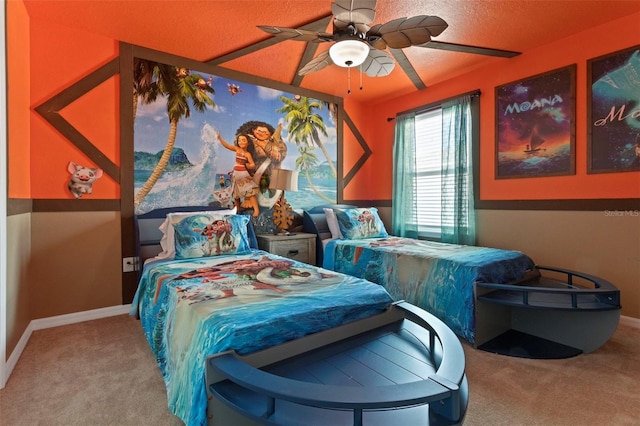 bedroom featuring ceiling fan and light colored carpet