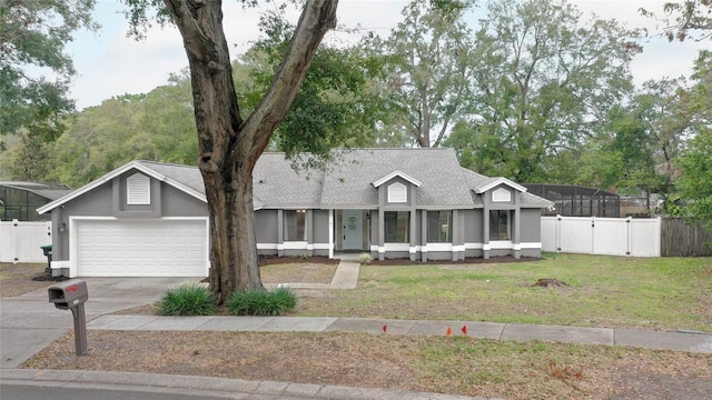 view of front facade with a front lawn, roof with shingles, concrete driveway, and fence