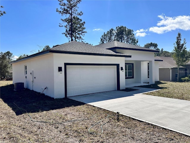 single story home featuring stucco siding, a shingled roof, concrete driveway, a garage, and cooling unit