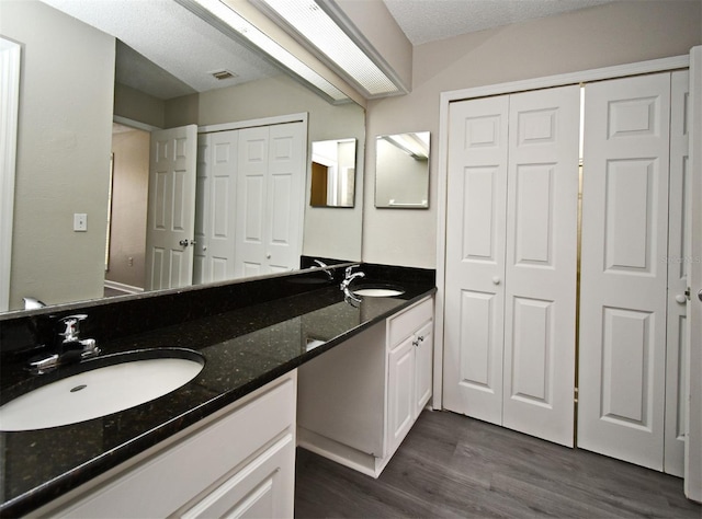 full bathroom featuring wood finished floors, a closet, a sink, and double vanity