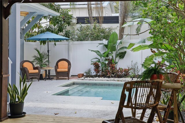 view of pool featuring a fenced backyard and a fenced in pool