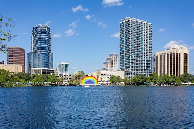 view of water feature with a city view