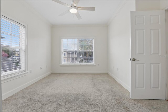 empty room with carpet floors, ornamental molding, a ceiling fan, and baseboards