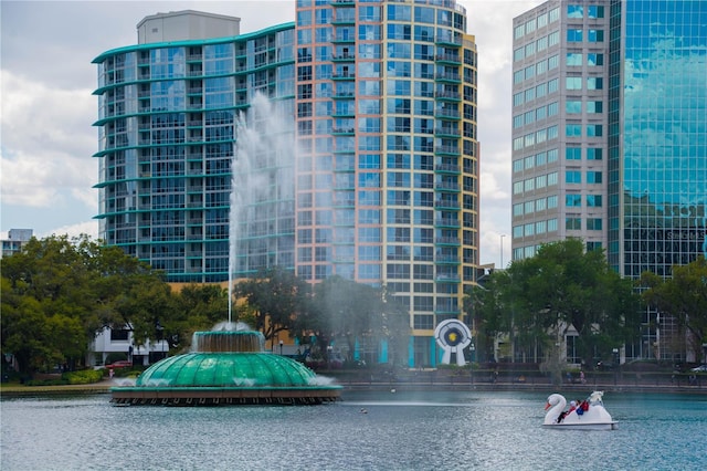 view of building exterior with a water view