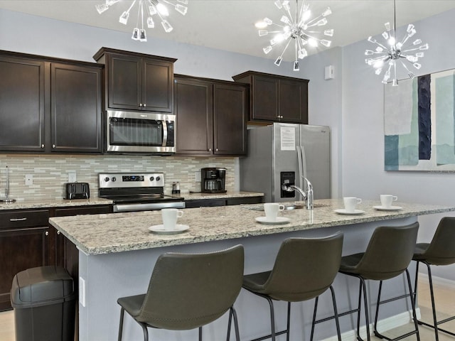 kitchen with stainless steel appliances, decorative backsplash, a center island with sink, and an inviting chandelier