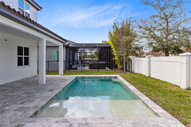 view of pool featuring a fenced in pool, a fenced backyard, a lanai, a yard, and a patio area