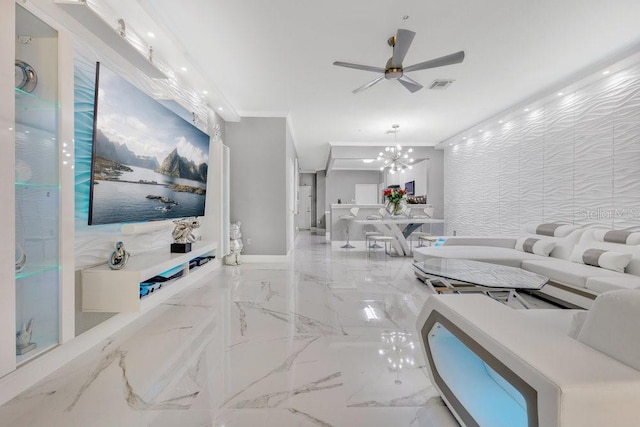 living area with ceiling fan with notable chandelier, marble finish floor, visible vents, and crown molding