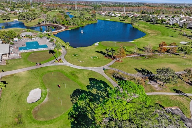 aerial view with a water view and golf course view