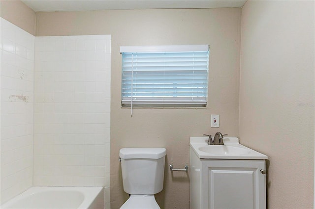 full bath with toilet, shower / bathtub combination, and vanity