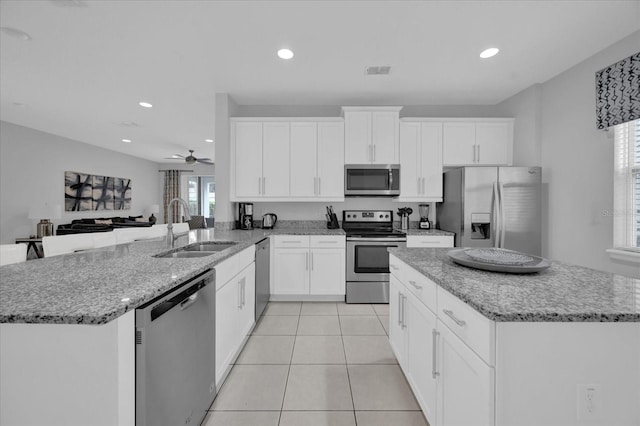 kitchen featuring visible vents, appliances with stainless steel finishes, white cabinets, a sink, and a peninsula