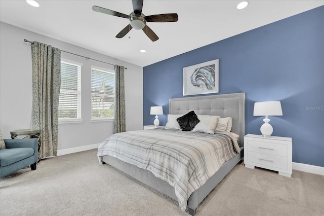 bedroom with baseboards, ceiling fan, recessed lighting, and light colored carpet