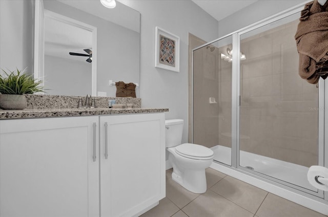 bathroom with toilet, a shower stall, vanity, and tile patterned floors