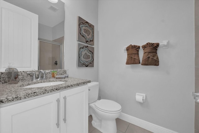 bathroom with tile patterned flooring, vanity, toilet, baseboards, and a shower stall