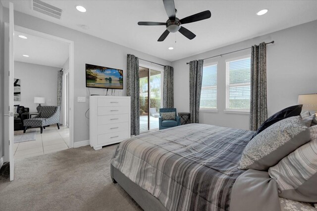 bedroom featuring visible vents, light carpet, access to exterior, recessed lighting, and a ceiling fan