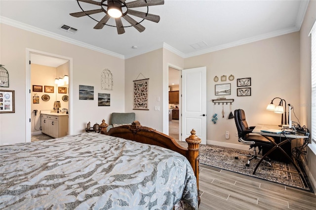 bedroom with baseboards, light wood-style flooring, visible vents, and crown molding