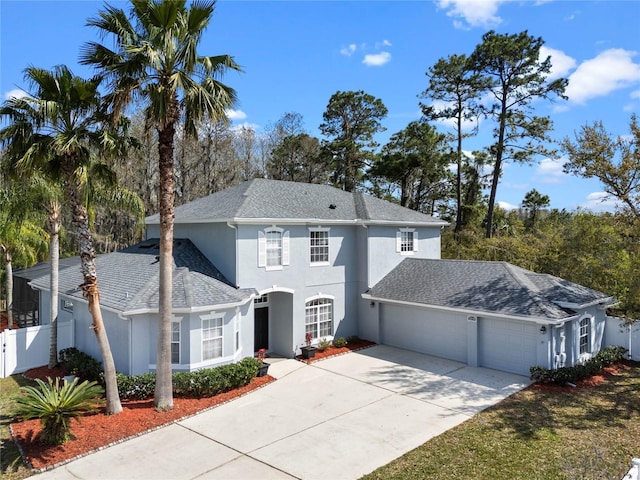 view of front of house with fence, a shingled roof, stucco siding, concrete driveway, and a garage