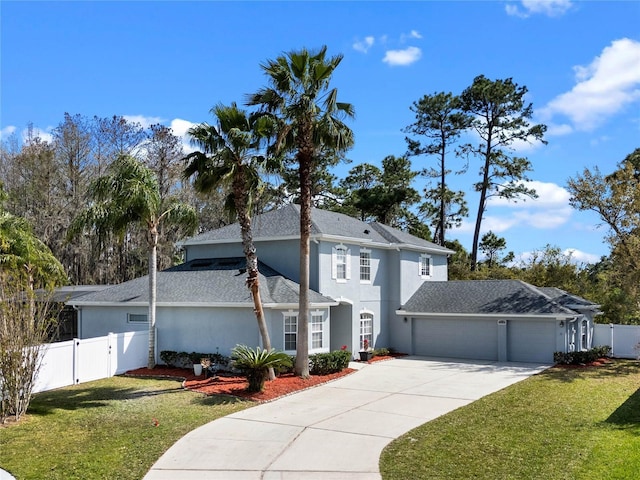 view of home's exterior featuring stucco siding, a lawn, a garage, and fence