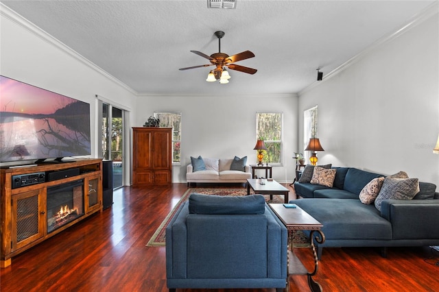 living room with ornamental molding, wood finished floors, a glass covered fireplace, a textured ceiling, and a ceiling fan