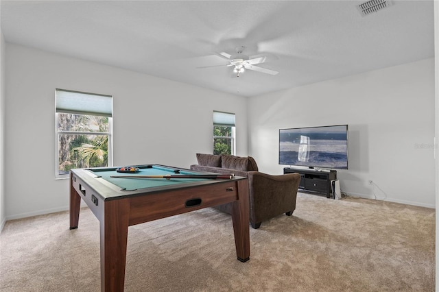 game room featuring a ceiling fan, baseboards, visible vents, pool table, and light carpet