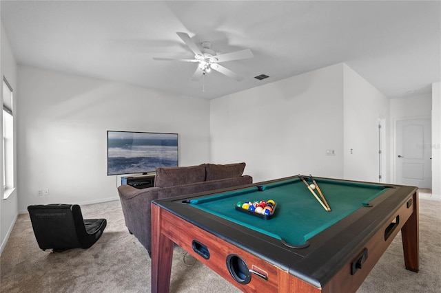 rec room featuring visible vents, baseboards, ceiling fan, and carpet floors