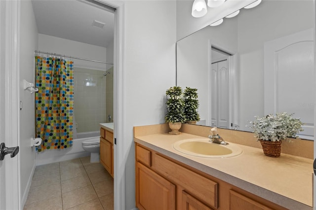 full bathroom with visible vents, toilet, shower / tub combo, tile patterned floors, and vanity