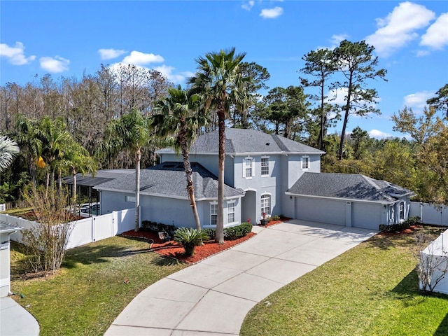 view of property exterior with a garage, a lawn, fence private yard, and stucco siding