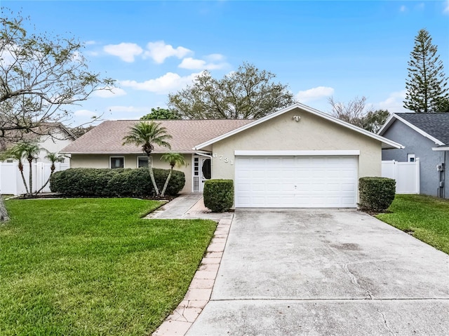 ranch-style house with driveway, stucco siding, an attached garage, fence, and a front yard