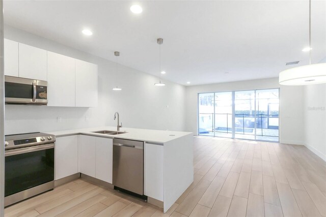 17442 Hidden Forest Dr, Clermont, FL 34714 - kitchen featuring stainless steel appliances, a sink, light wood-style floors, white cabinets, and a peninsula