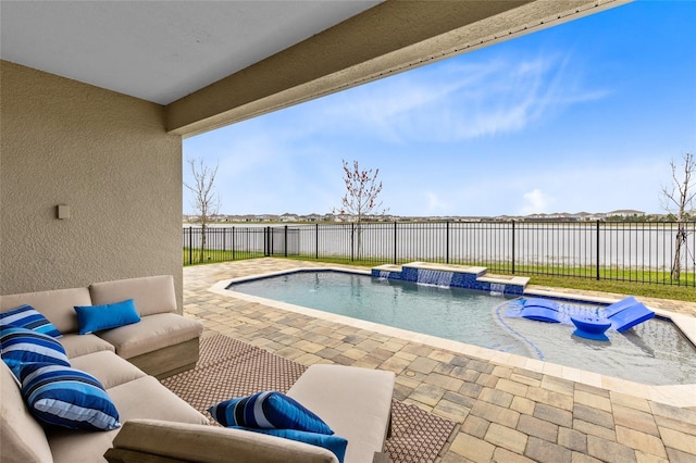 view of swimming pool featuring a patio, a fenced backyard, a jacuzzi, outdoor lounge area, and a fenced in pool