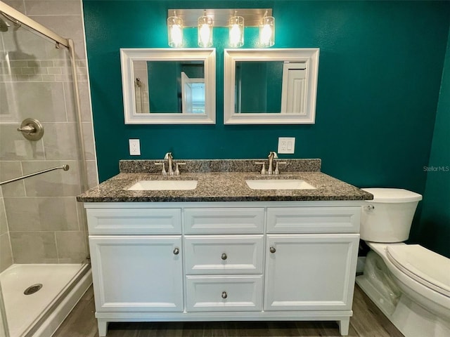 bathroom with a sink, a shower stall, toilet, and double vanity