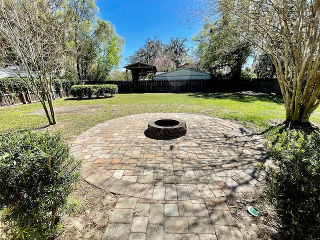 view of patio / terrace with a fenced backyard and a fire pit