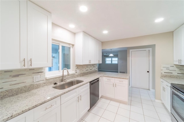 kitchen with a sink, stainless steel electric range, white cabinets, and dishwasher