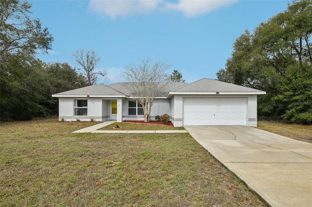 single story home with a garage, concrete driveway, a front yard, and stucco siding