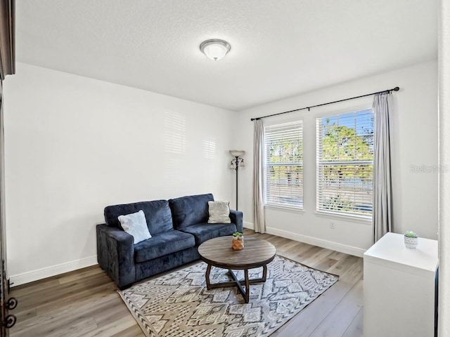 living room with a textured ceiling, baseboards, and wood finished floors