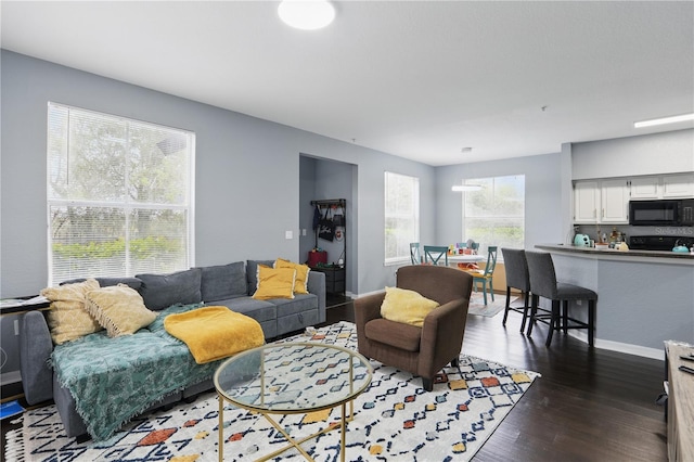 living area with dark wood-style floors and baseboards