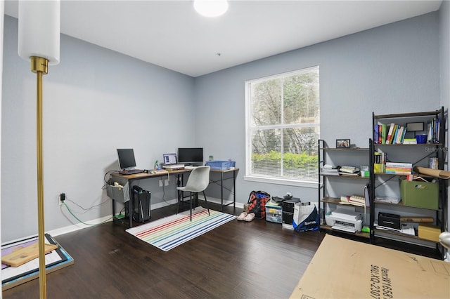 home office with baseboards and wood finished floors