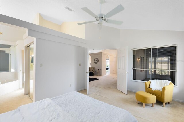 bedroom featuring visible vents, carpet, ceiling fan, and high vaulted ceiling