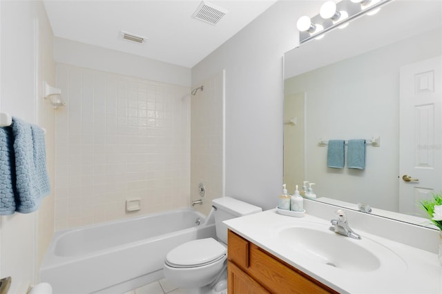 full bath featuring vanity, toilet, visible vents, and shower / bath combination