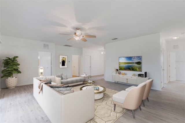 living area featuring light wood finished floors and visible vents